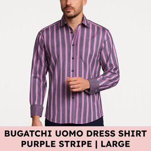 Bugatchi Uomo Cotton Stripe Contrast Cuff Button-Up JEWEL TONE Purple L Office